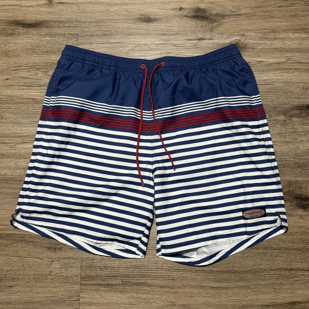 Vineyard Vines Swim Trunks Mens Large Red Blue Striped Board Shorts Casual